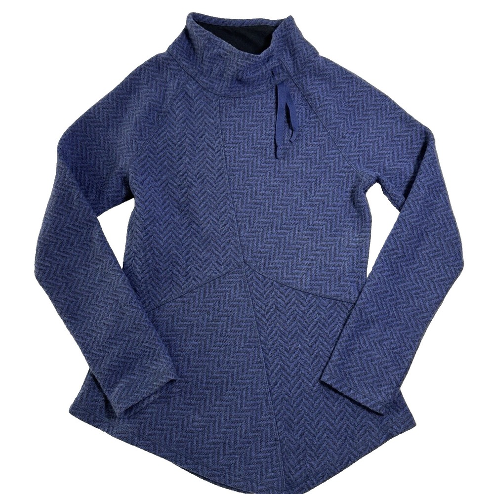 PrAna‎ Mattea Pullover Sweater Womens M Blue Herringbone Wool Blend Funnel Neck